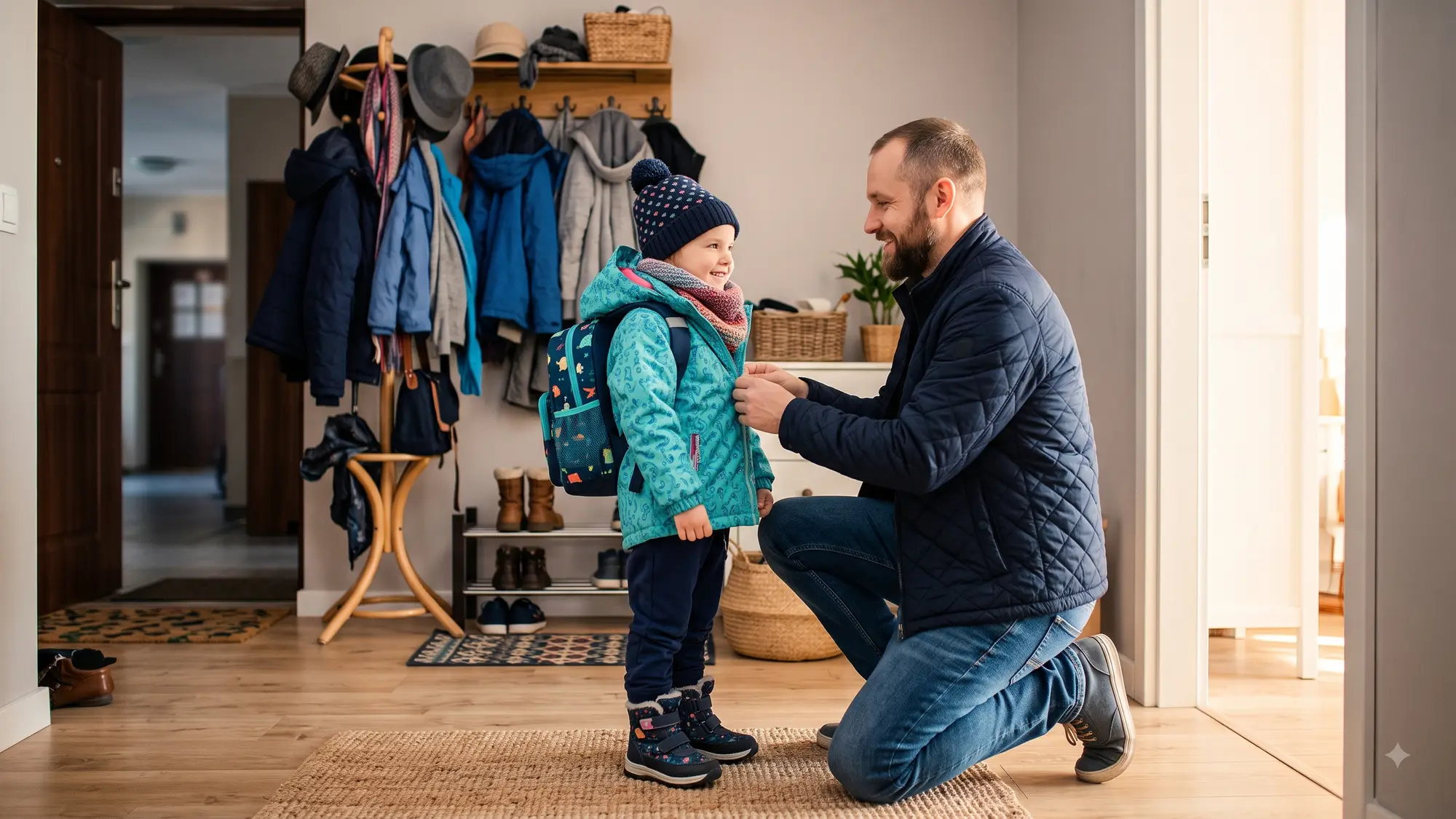 Rodzic kuca przy kilkuletnim dziecku i zapina mu kurtkę w przedpokoju, w tle wieszak z ubraniami i drzwi wejściowe