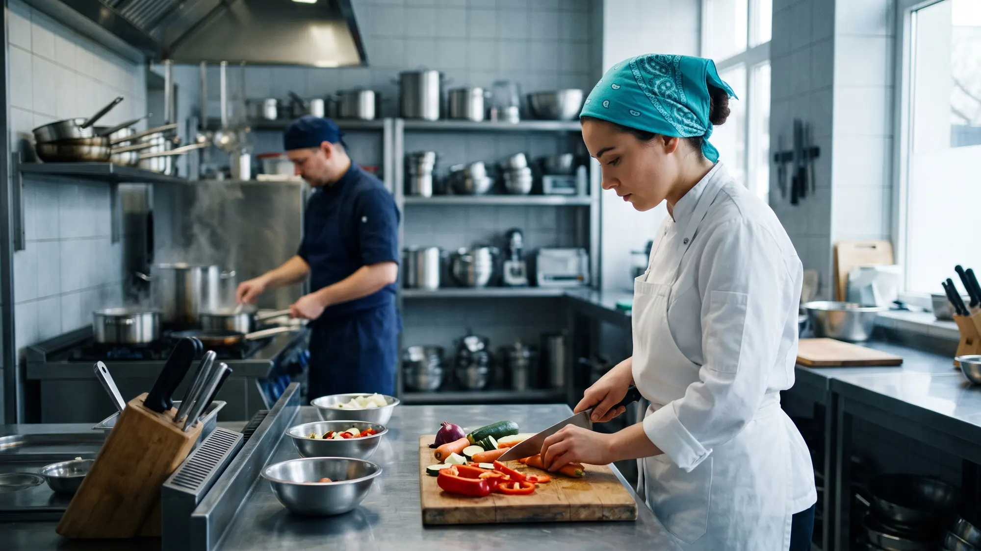 Kucharka w białym kitlu i turkusowej chuście na włosach kroi paprykę i marchew na drewnianej desce w kuchni restauracji, w tle kucharz w granatowym stroju przy kuchence i półki z garnkami