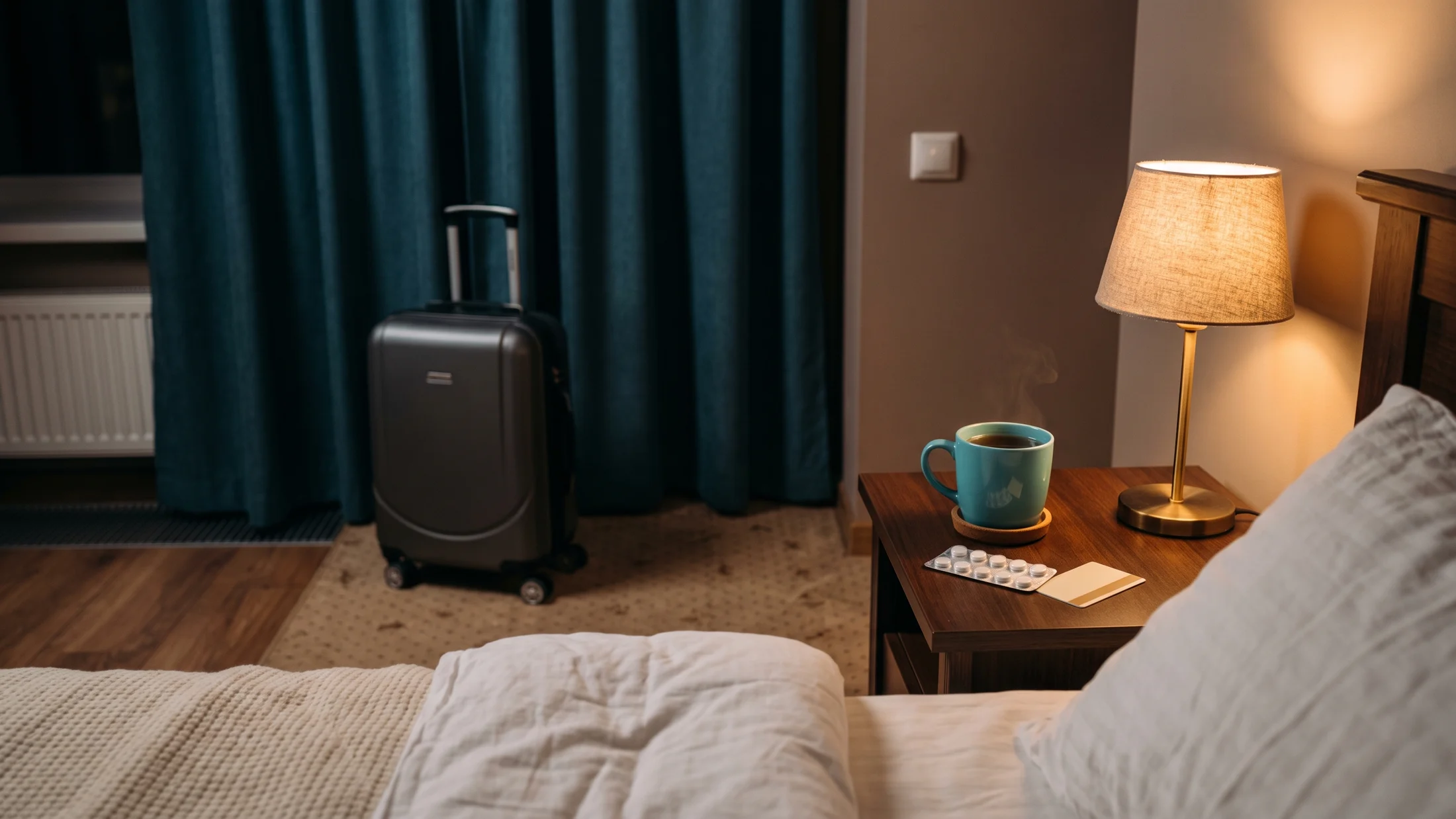 Nocny pokój hotelowy widziany od strony łóżka: na drewnianej szafce turkusowy kubek z herbatą, blister tabletek i karta-klucz, obok zapalona lampka, w tle walizka na kółkach przy zasłoniętym oknie