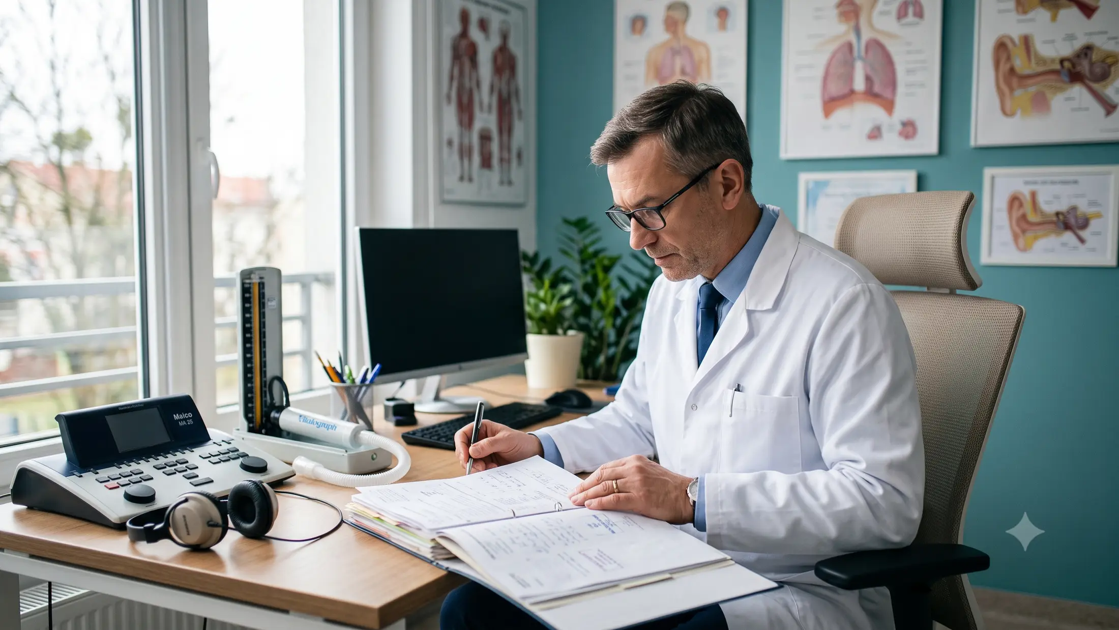 Lekarz medycyny pracy analizujący dokumentację pacjenta w gabinecie, w tle sprzęt diagnostyczny