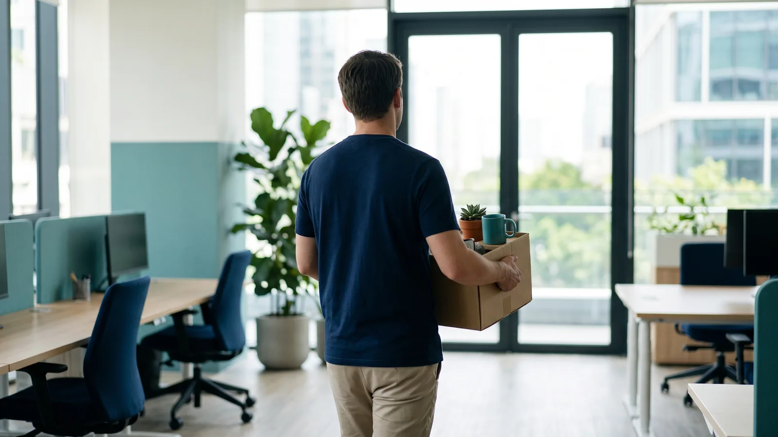 Mężczyzna w granatowej koszulce widziany od tyłu idzie przez jasne biuro open space w stronę przeszklonych drzwi, niosąc kartonowe pudełko z sukulentem i turkusowym kubkiem