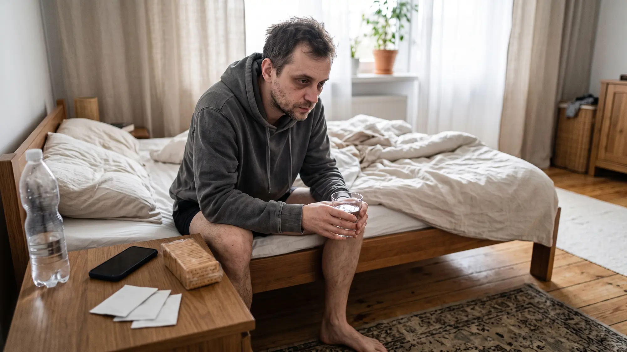Blady, zmęczony mężczyzna w szarej bluzie z kapturem siedzi na brzegu łóżka w jasnej sypialni ze szklanką wody w dłoniach, na szafce nocnej butelka wody, telefon, suchary i saszetki z elektrolitami