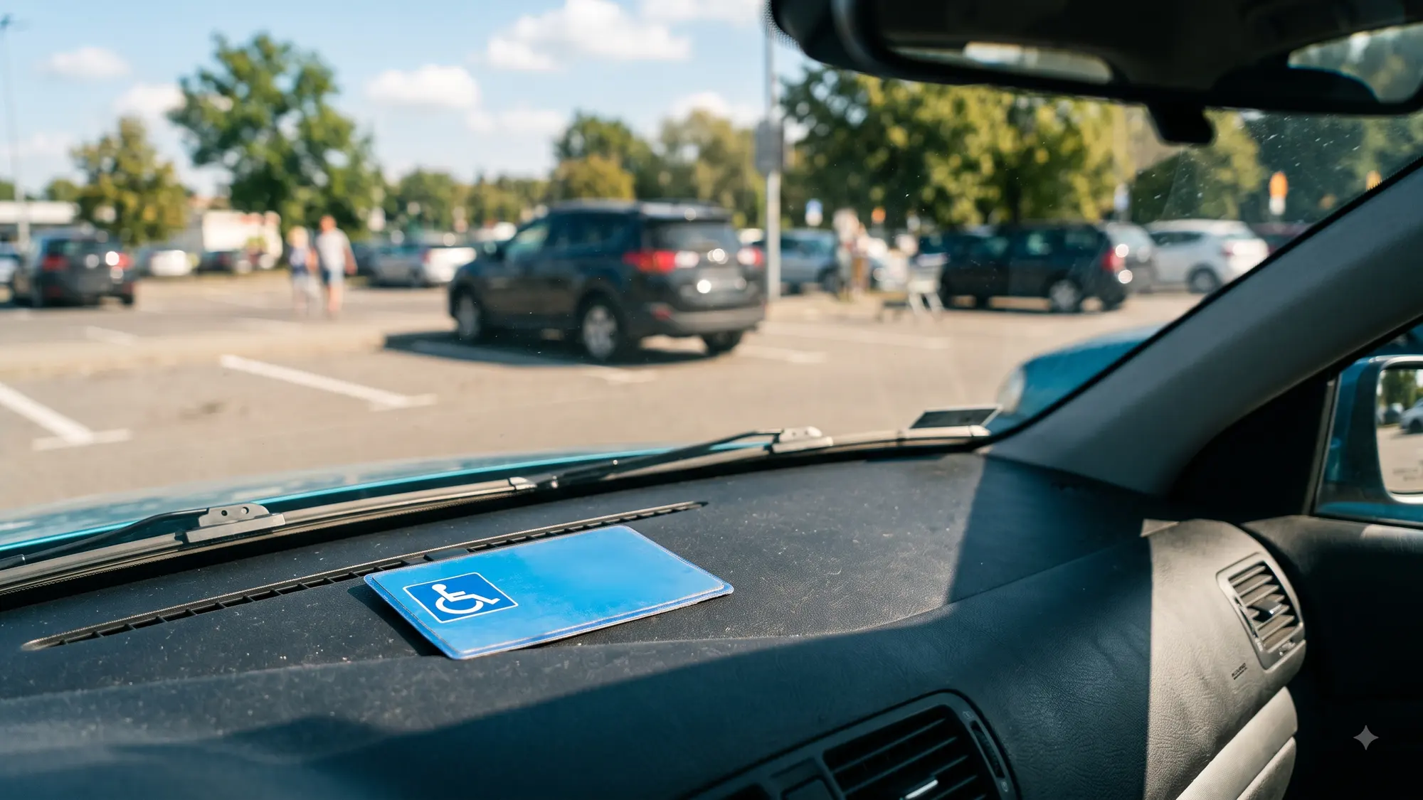 Zbliżenie na deskę rozdzielczą samochodu z kartą parkingową za przednią szybą, w tle miejsce postojowe