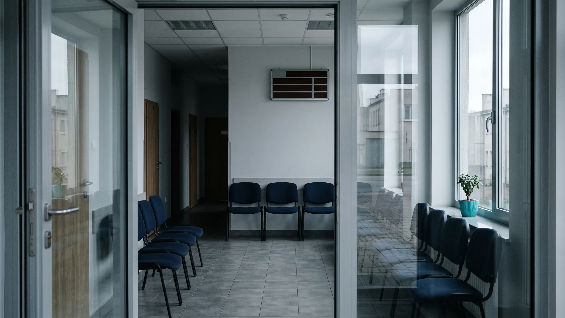 Pusta poczekalnia urzędu widziana przez szklane drzwi: dwa rzędy granatowych krzeseł przy ścianach, tablica wywoławcza nad nimi, szara podłoga i turkusowa doniczka na parapecie w pochmurnym świetle