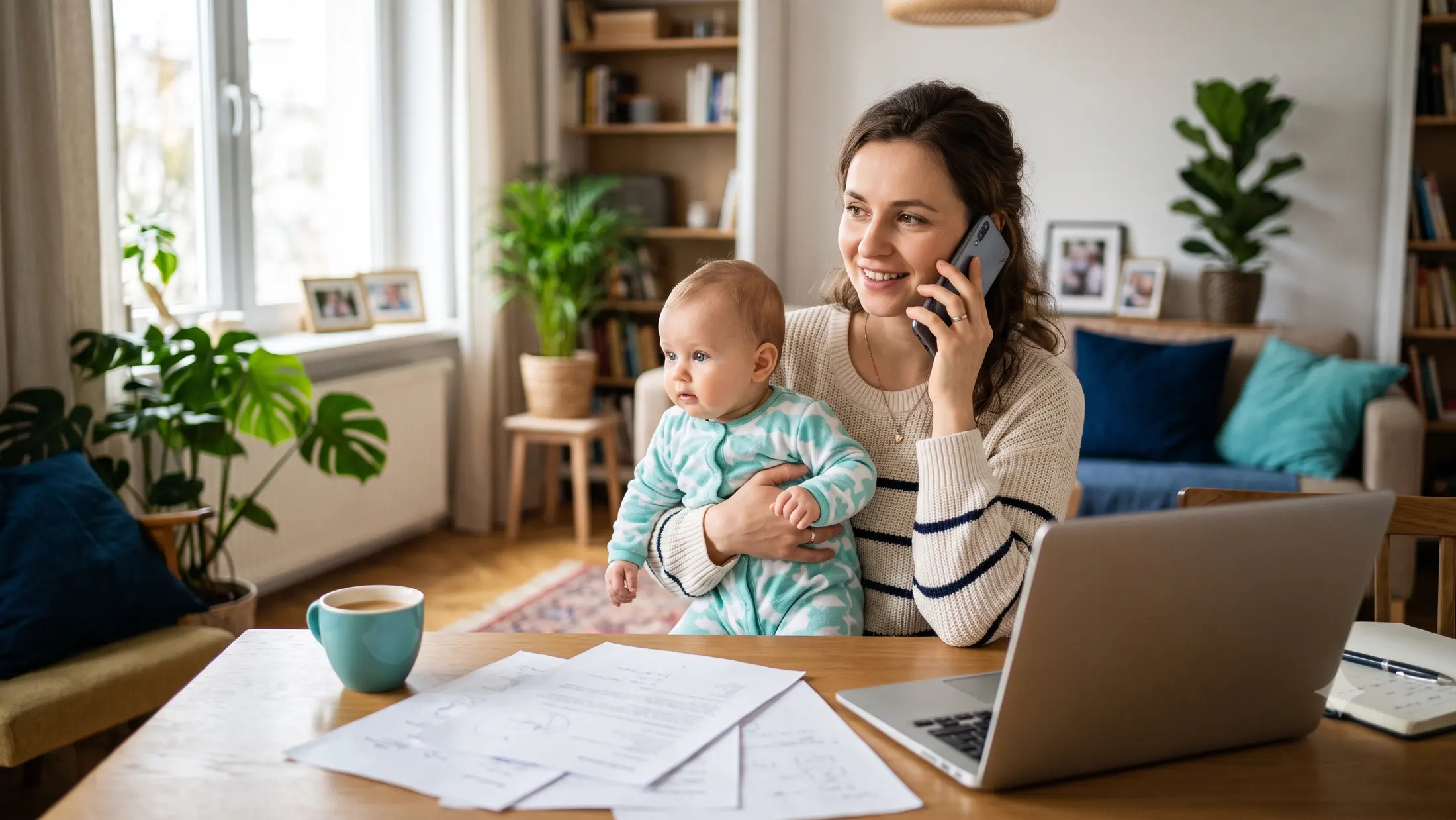 Młoda mama z małym dzieckiem na rękach rozmawia przez telefon w jasnym salonie, na stole dokumenty i laptop