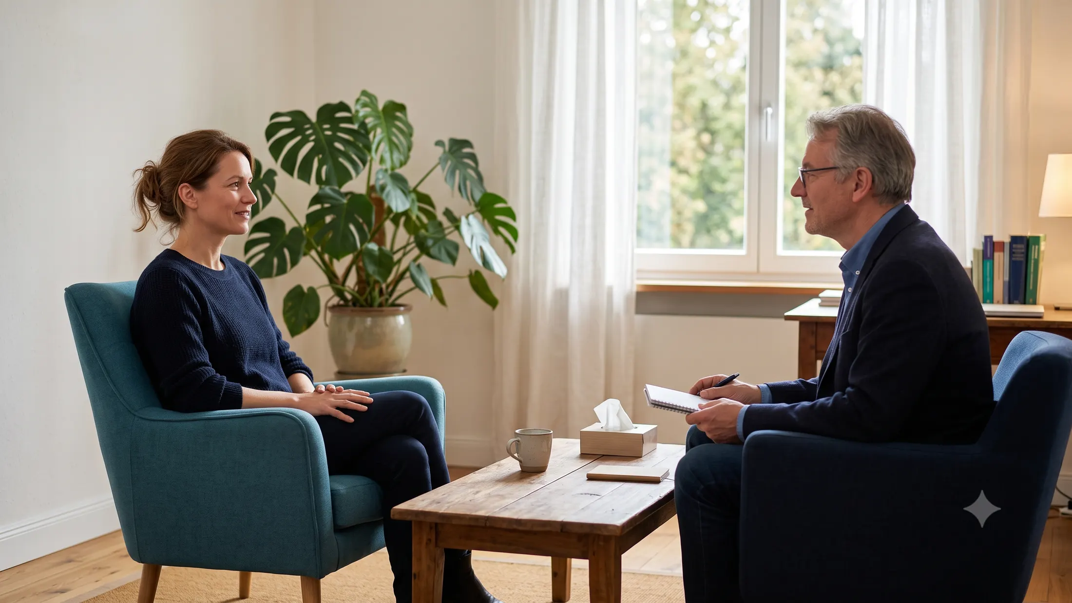 Osoba siedząca w spokojnym gabinecie podczas rozmowy z lekarzem, w tle roślina i miękkie światło