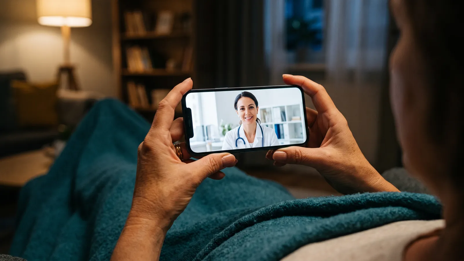 Zbliżenie na dłonie osoby siedzącej wieczorem pod turkusowym kocem, trzymające smartfon poziomo podczas teleporady; na ekranie lekarka w białym fartuchu ze stetoskopem, w tle rozmyty pokój i ciepłe światło lampy