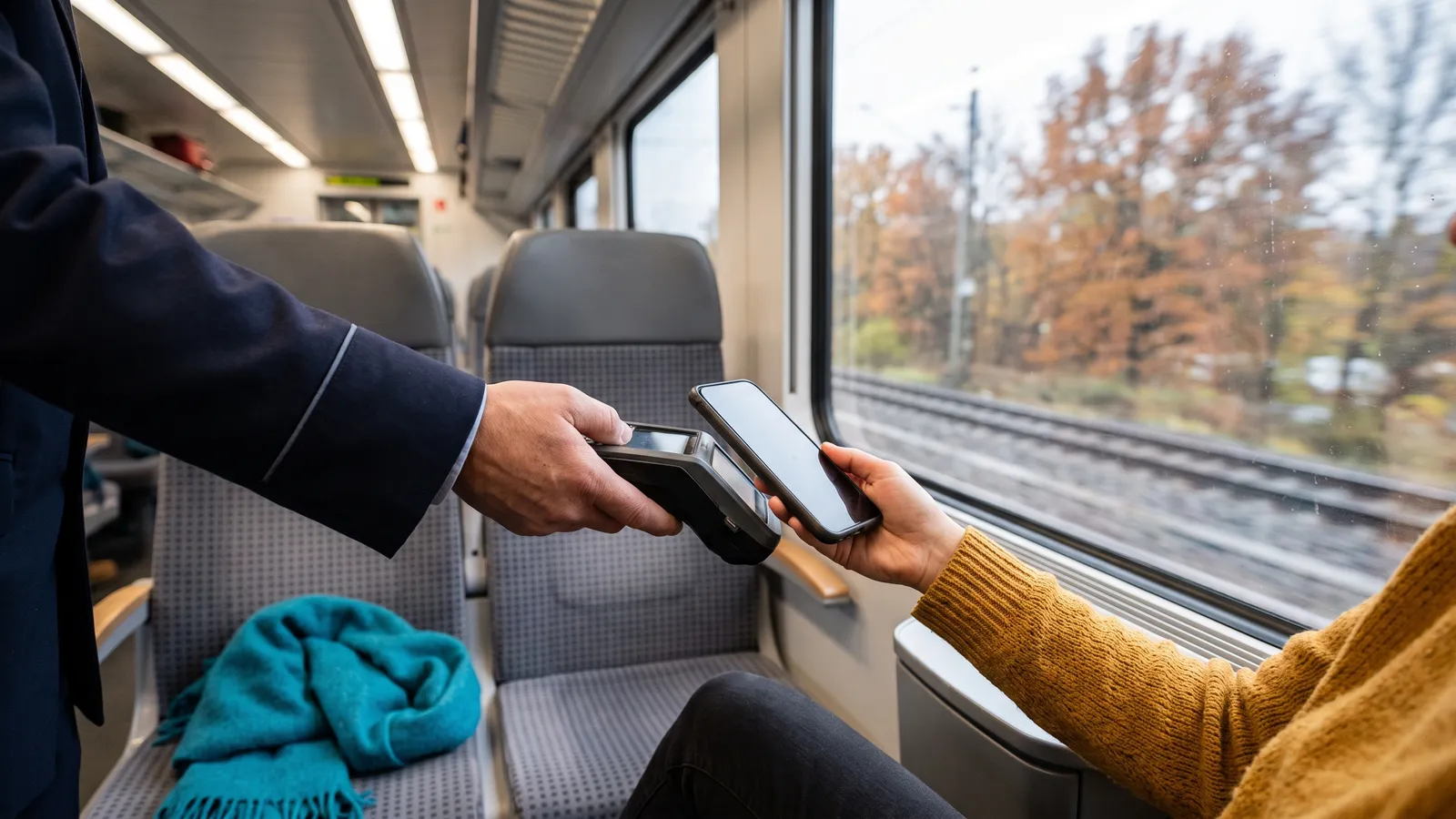Wnętrze pociągu regionalnego – konduktor w granatowym mundurze przykłada ręczny terminal biletowy do smartfona, który trzyma pasażerka w musztardowym swetrze, na siedzeniu obok turkusowy szal, za oknem jesienny krajobraz