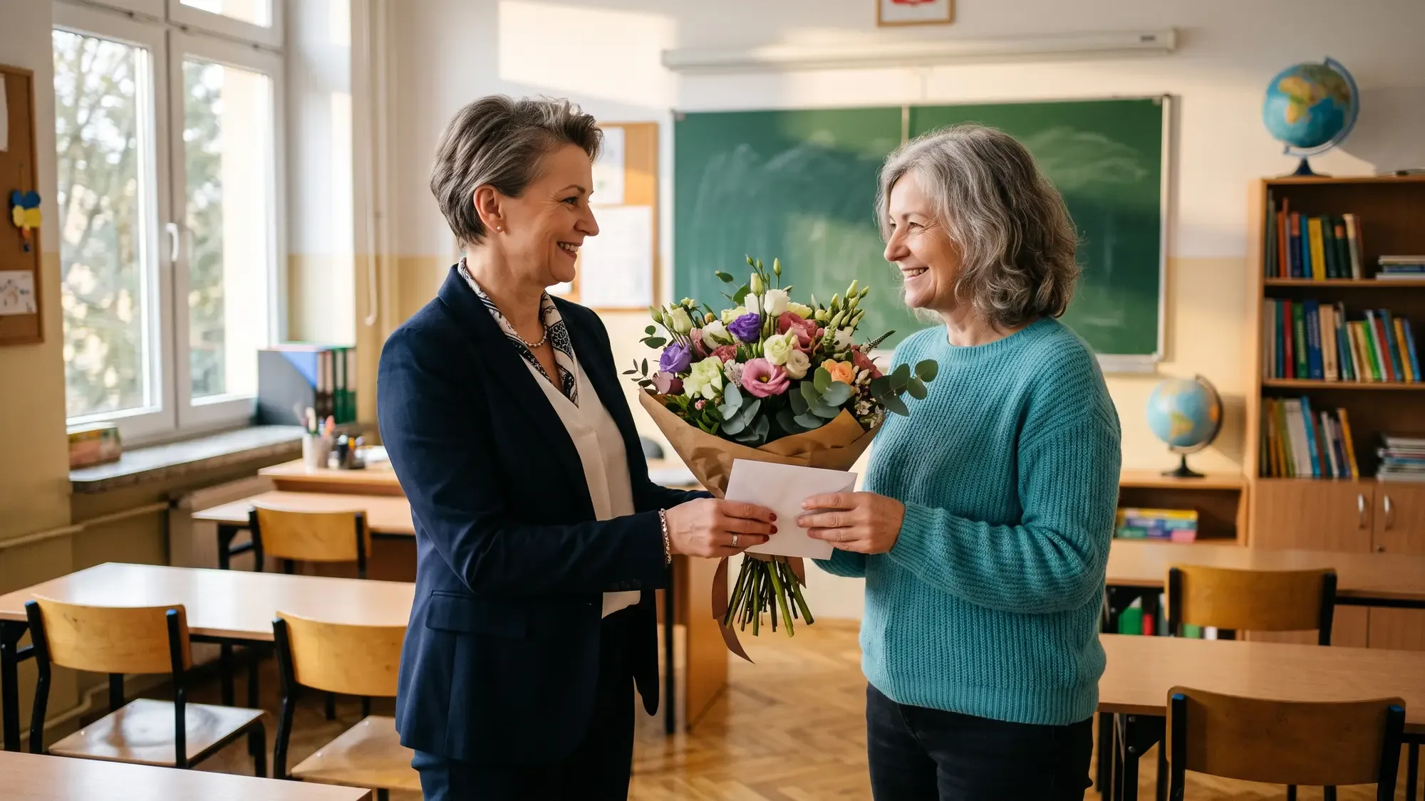 Dyrektorka szkoły w granatowym żakiecie wręcza uśmiechniętej nauczycielce w turkusowym swetrze bukiet kwiatów i białą kopertę w jasnej klasie z zieloną tablicą, ławkami, globusem i regałem z książkami