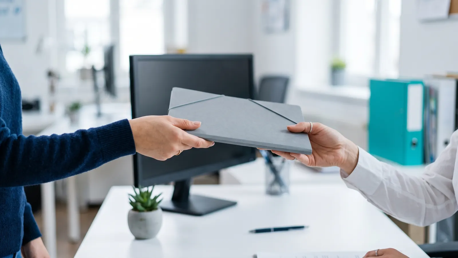 Dłoń kobiety w granatowym swetrze podaje szarą teczkę na dokumenty dłoni pracownicy w białej koszuli nad białym biurkiem w jasnym biurze, w tle monitor, roślina i turkusowy segregator