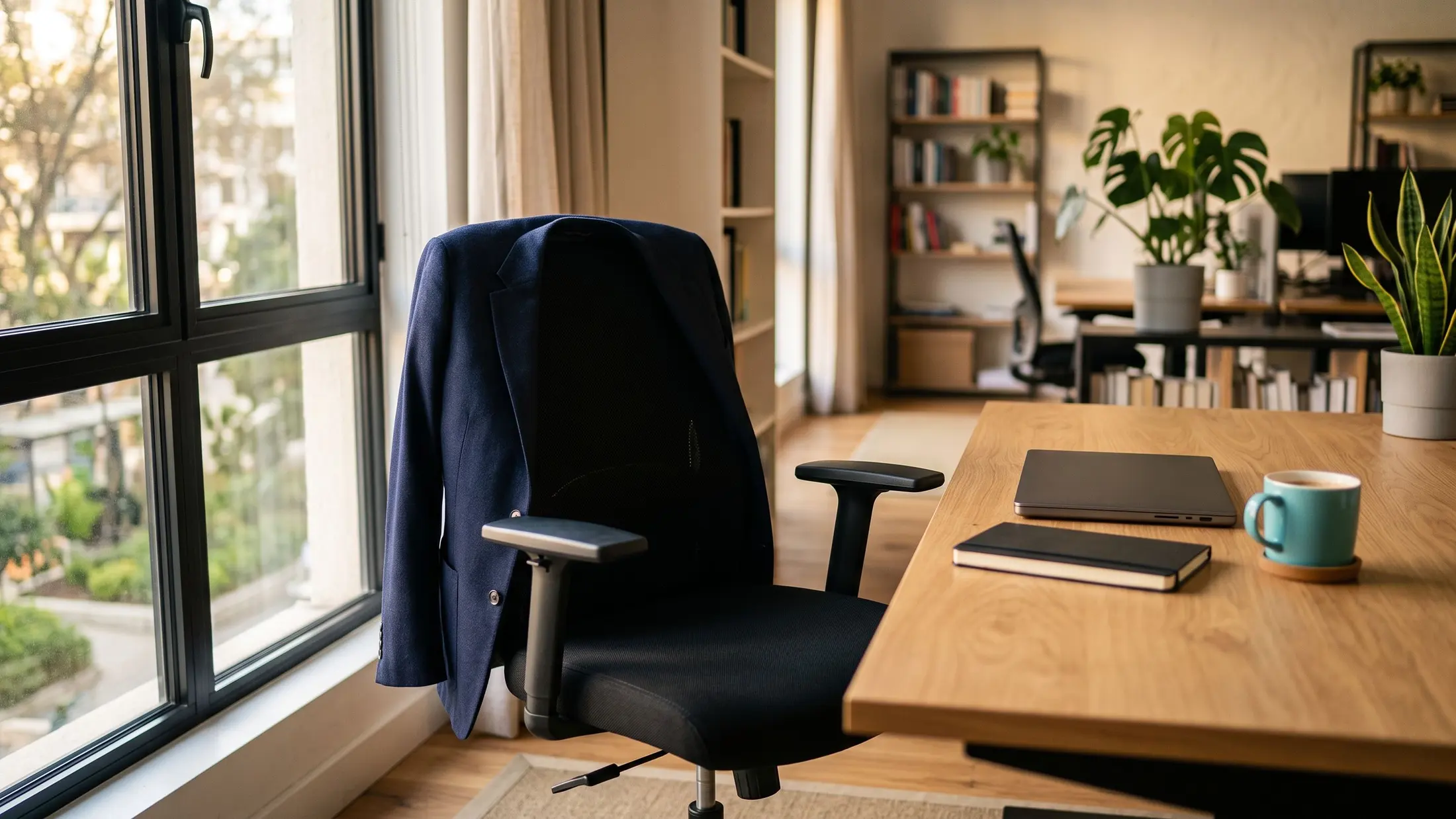Puste krzesło biurowe z granatową marynarką na oparciu przy biurku, na blacie zamknięty laptop i kubek, popołudniowe światło z okna