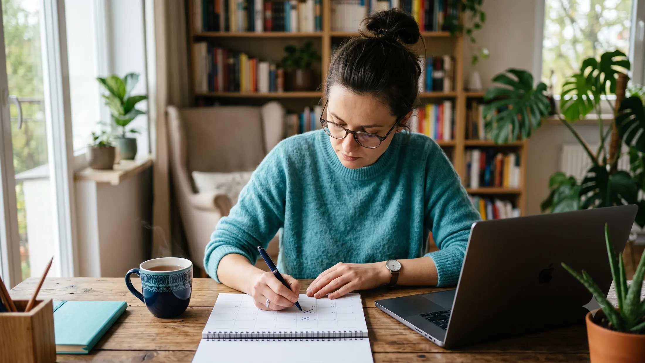 Kobieta przy biurku w domu zaznacza dni w papierowym kalendarzu, obok kubek herbaty i laptop
