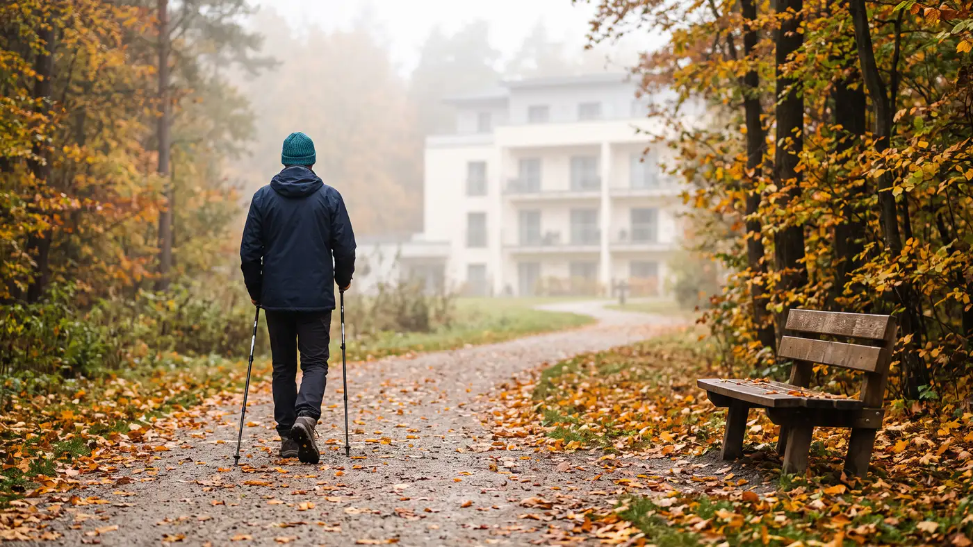Alejka parku przy ośrodku rehabilitacyjnym jesiennym porankiem: mężczyzna w granatowej kurtce i turkusowej czapce idzie z kijkami do nordic walking tyłem do obiektywu, obok drewniana ławka w opadłych liściach, w oddali biały budynek ośrodka we mgle