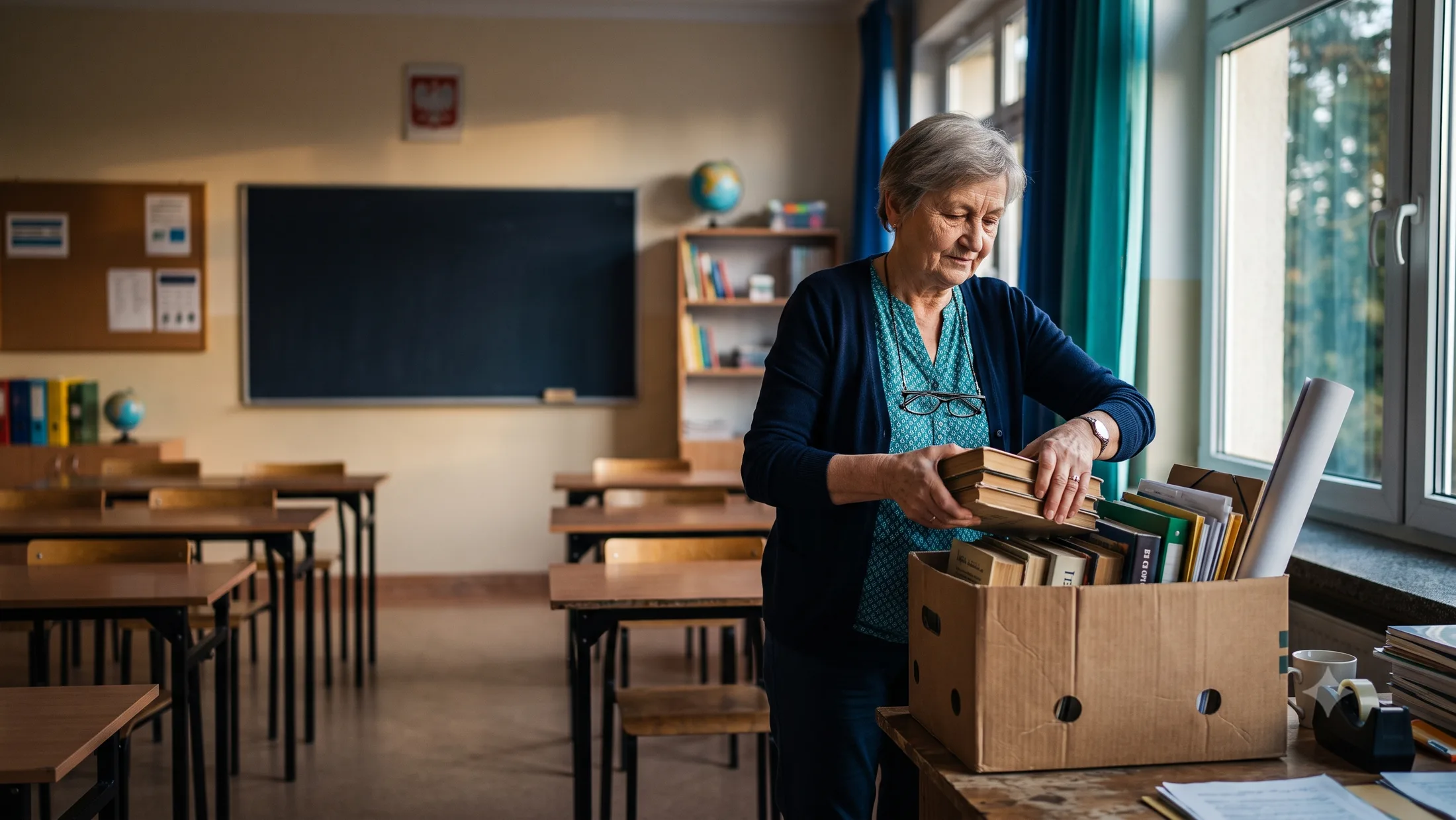 Starsza nauczycielka pakująca do kartonu książki i pomoce dydaktyczne w opustoszałej sali lekcyjnej po zakończeniu pracy