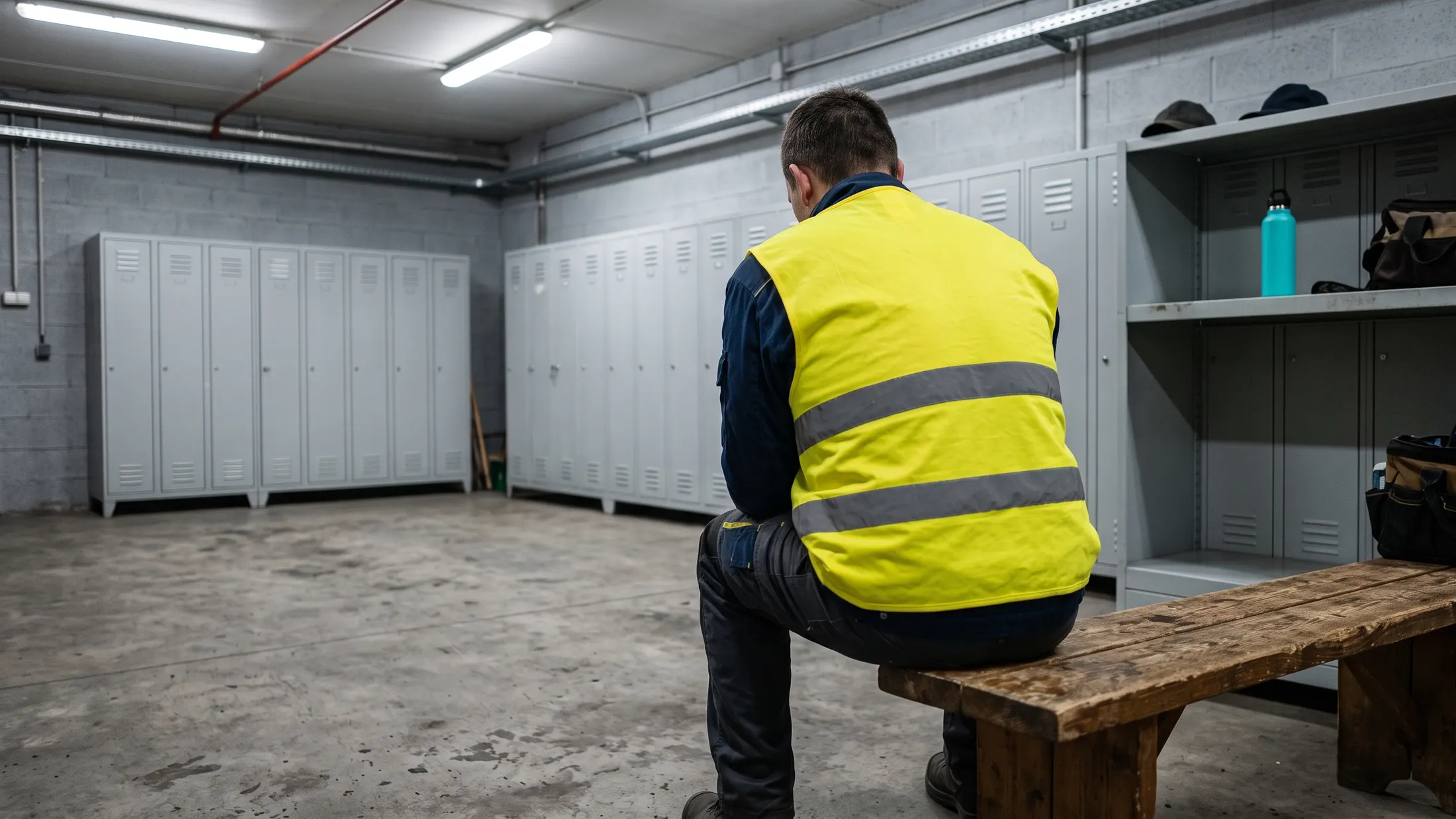 Ujęcie zza pleców mężczyzny w żółtej kamizelce odblaskowej, siedzącego zgarbionego na drewnianej ławce w pustej szatni magazynu, wokół szare metalowe szafki i betonowa podłoga, na półce turkusowa butelka