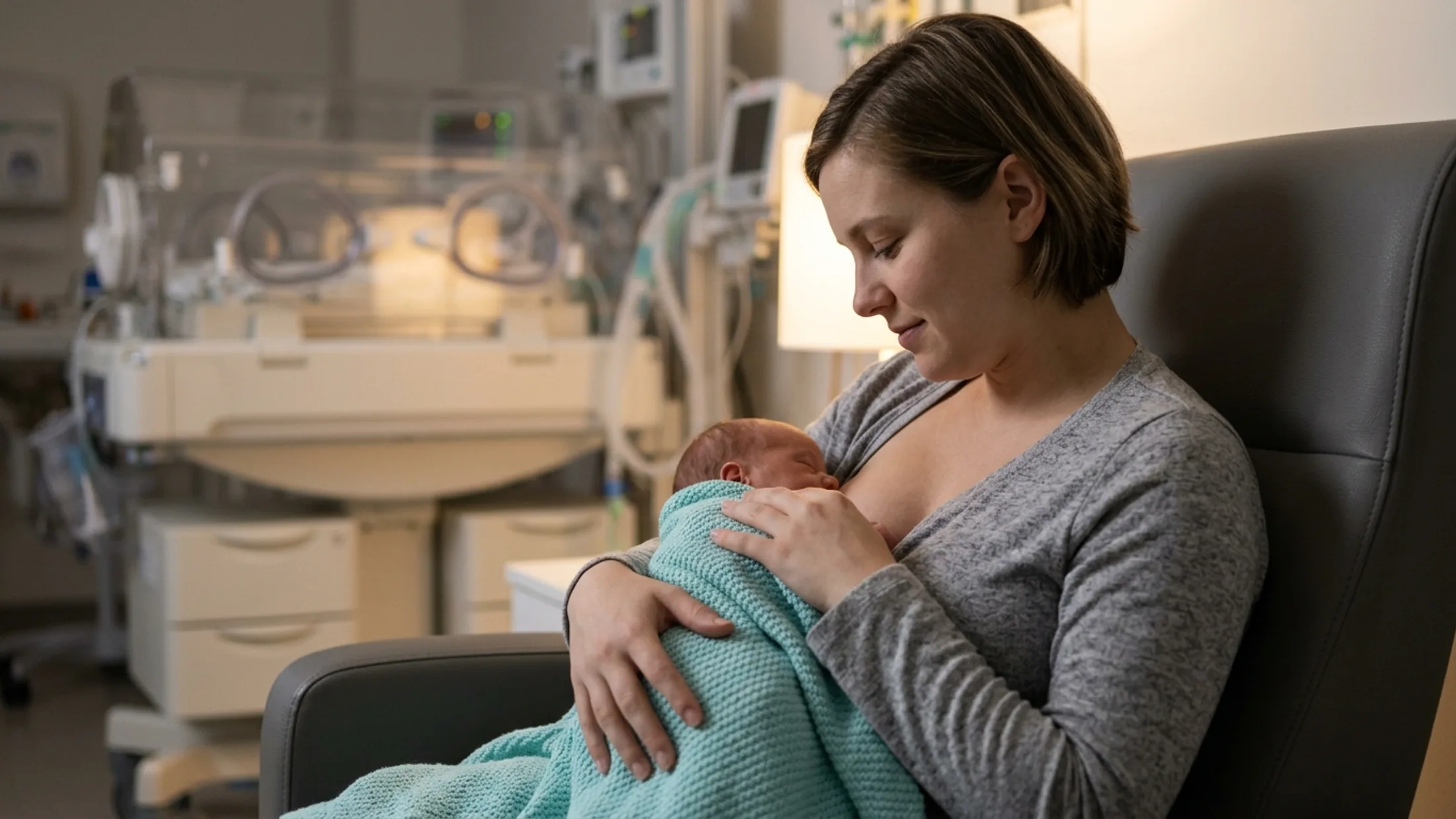 Rodzic w kangurowaniu trzyma na piersi maleńkie niemowlę owinięte kocykiem przy inkubatorze na oddziale neonatologicznym, miękkie ciepłe światło