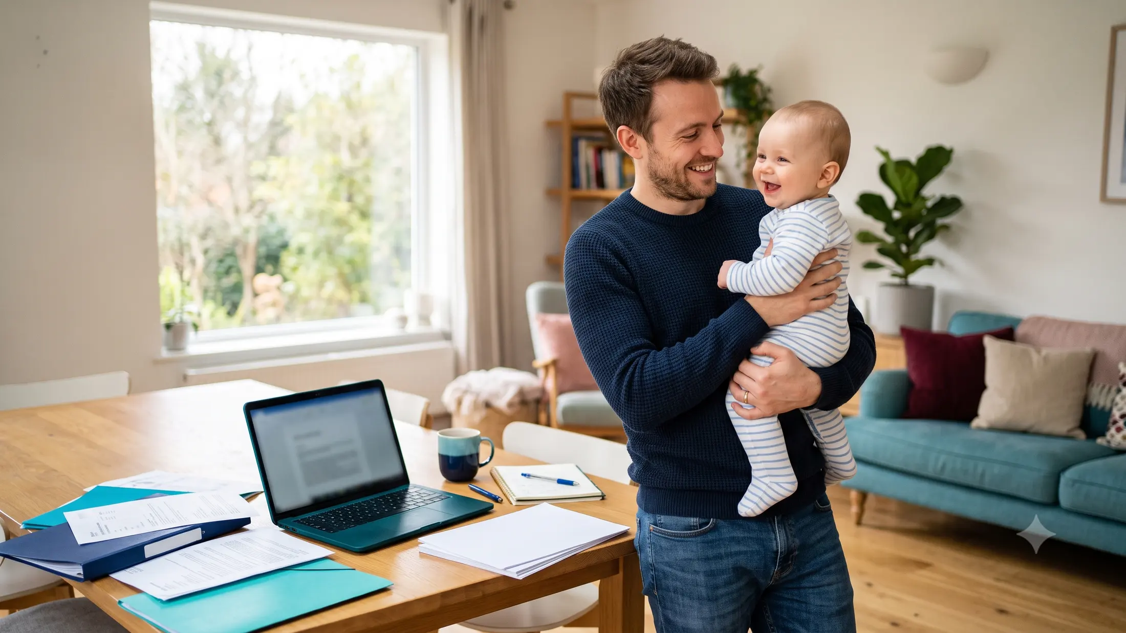 Młody ojciec trzymający niemowlę na rękach w jasnym salonie, na stole obok leżą dokumenty i laptop