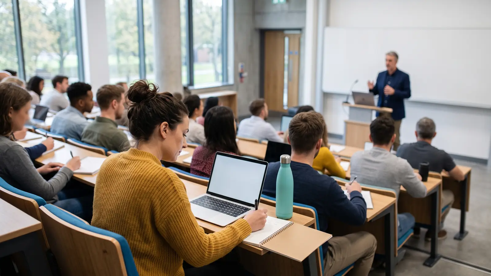 Dorośli studenci zaoczni na sobotnim wykładzie w jasnej sali uczelni – na pierwszym planie kobieta w musztardowym swetrze notuje w zeszycie przy laptopie, obok turkusowy bidon, w tle wykładowca przy pustej białej tablicy