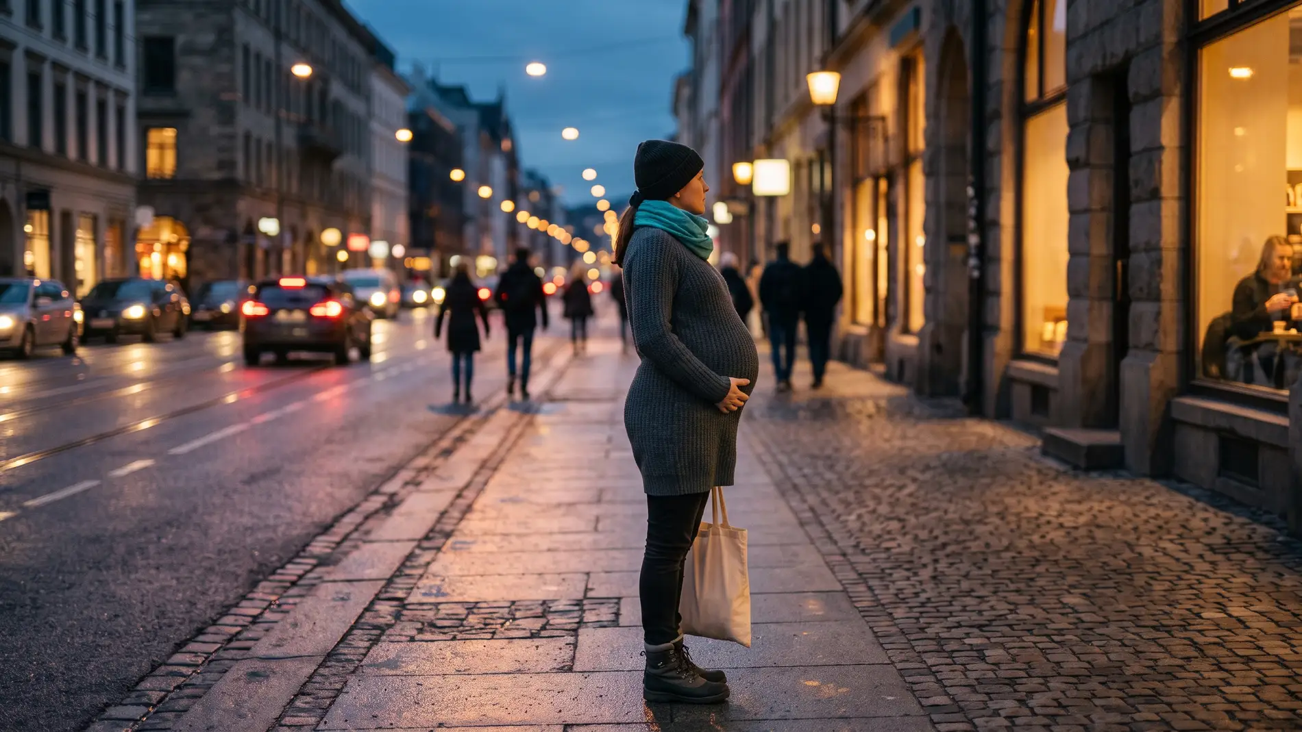 Kobieta w zaawansowanej ciąży stoi na chodniku miejskiej ulicy o zmierzchu, w profilu, z dłonią opartą na brzuchu i płócienną torbą w drugiej ręce; turkusowy szalik, ciepłe światło latarni i witryn, granatowe niebo po zachodzie słońca