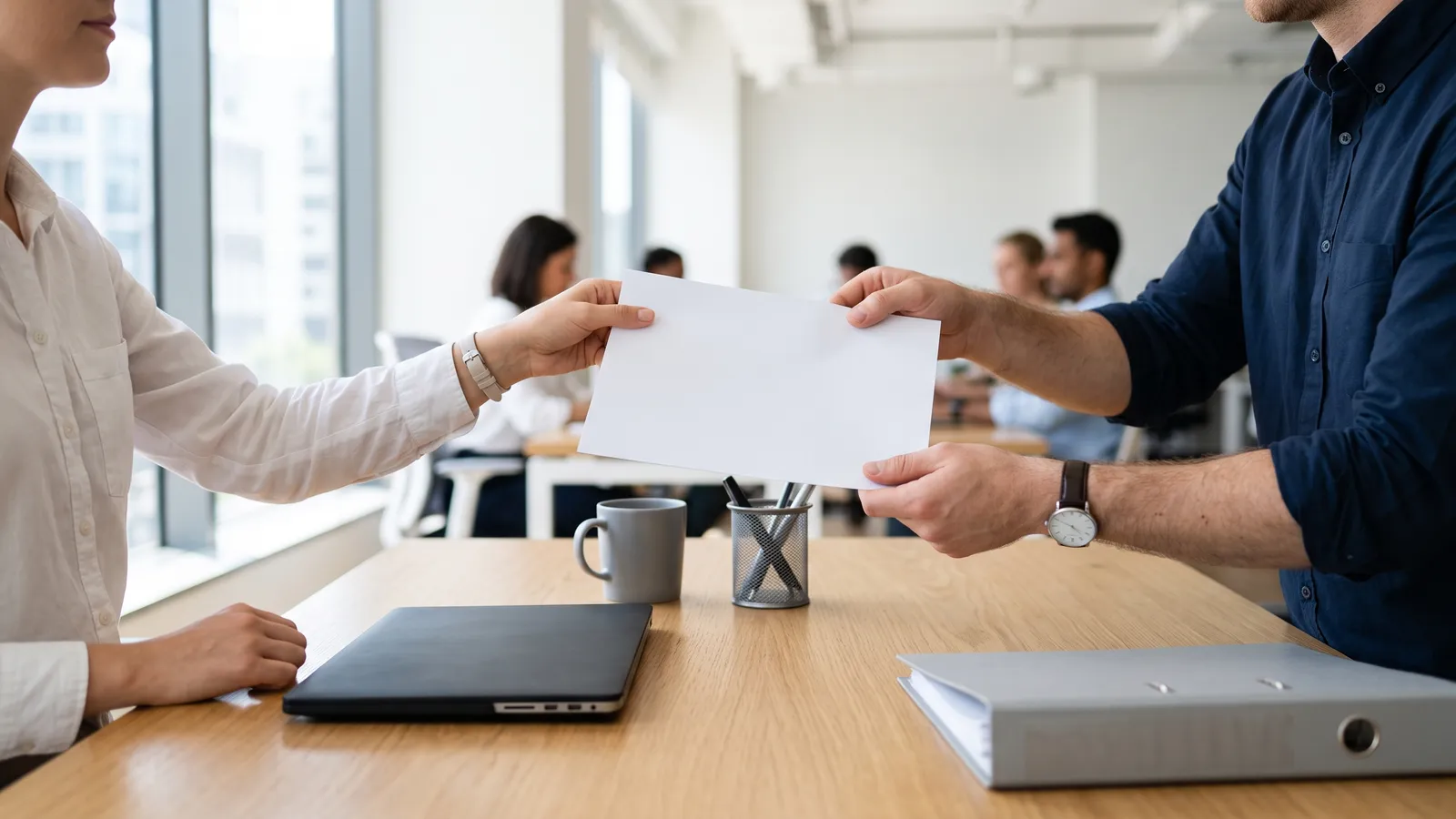 Dwoje pracowników przy biurku w jasnym biurze przekazuje sobie nad blatem pojedynczą białą kartkę, w tle laptop, kubek i segregator