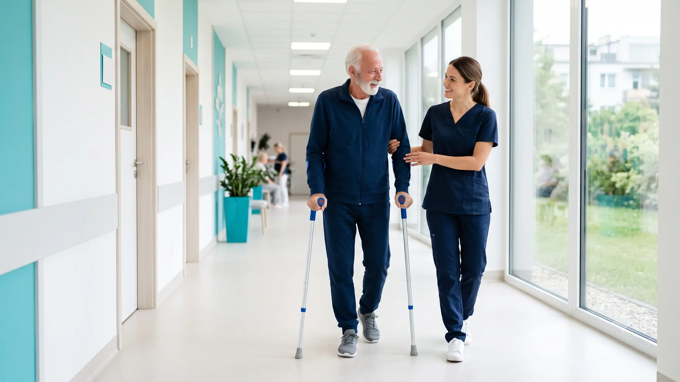 Starszy pacjent chodzący o kulach po korytarzu kliniki w asyście fizjoterapeutki w granatowym stroju