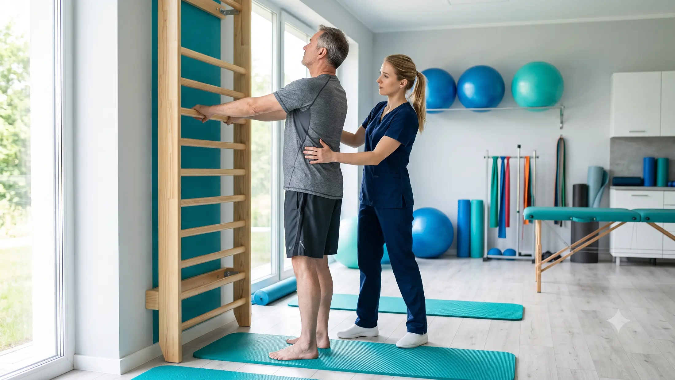 Fizjoterapeuta asystuje pacjentowi w ćwiczeniach stabilizacyjnych przy drabince w sali rehabilitacyjnej