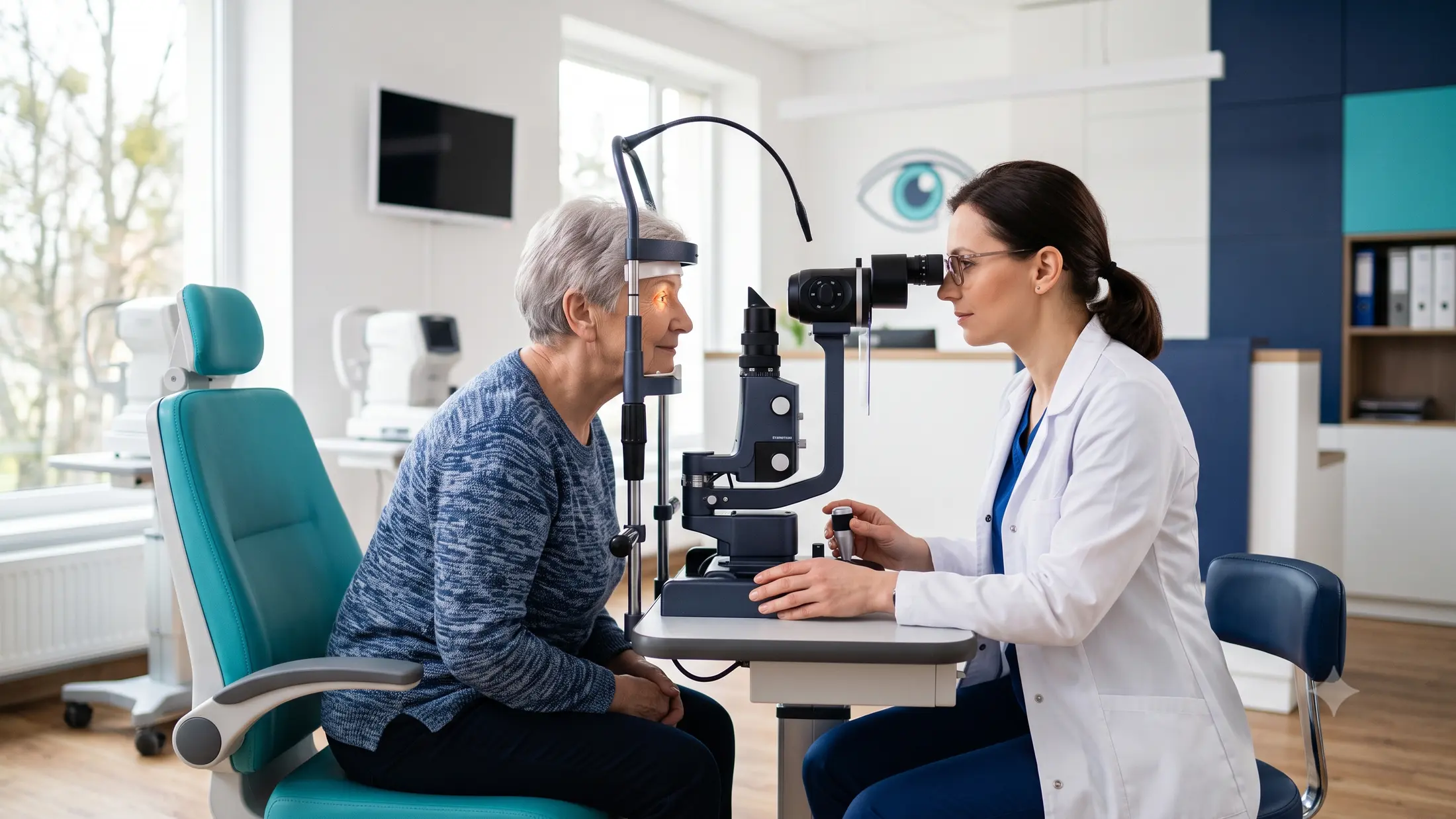 Okulistka bada wzrok starszej pacjentki przy nowoczesnym urządzeniu diagnostycznym w jasnym gabinecie