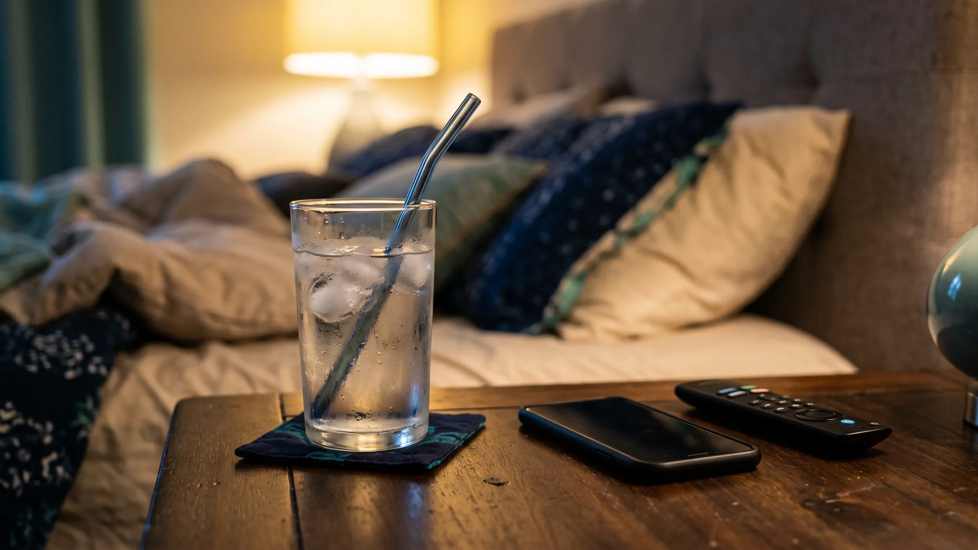 Szklanka mrożonej wody z kostkami lodu i słomką stoi na nocnym stoliku obok telefonu i pilota, w tle rozmyte łóżko z poduszkami, ciepłe światło lampki wieczorem
