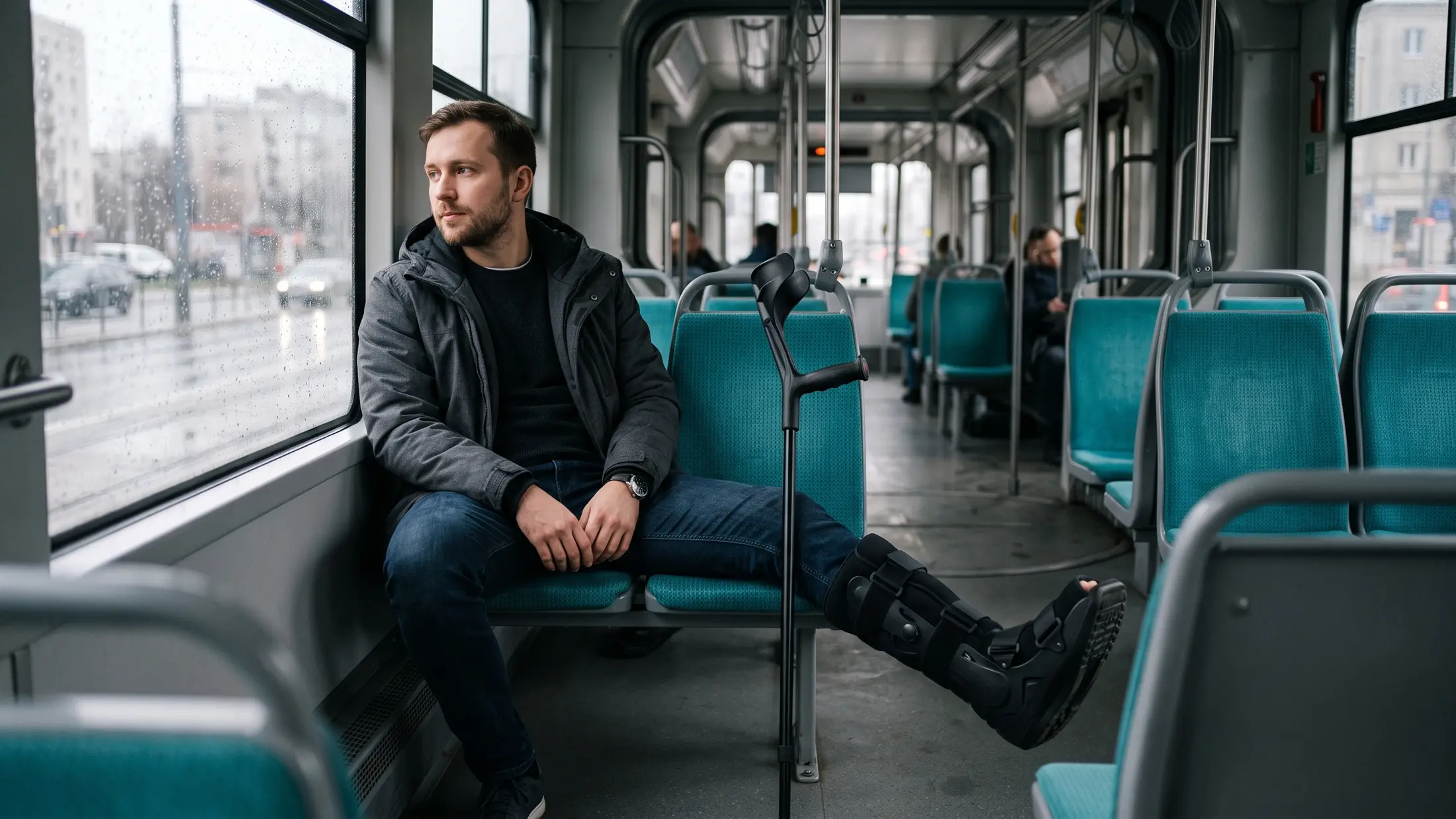 Mężczyzna w kurtce siedzi przy oknie tramwaju w deszczowy poranek, jego prawa noga w czarnym bucie ortopedycznym jest wyciągnięta w przejście między turkusowymi siedzeniami